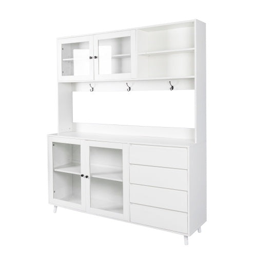 Kitchen Freestanding Pantry Cabinets Cupboard With 4 Doors, 4 Drawers & Microwave Shelf, White