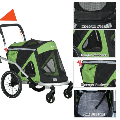 Aosom 2 In 1 Bike Trailer, Green Foldable Dog Bike Stroller With Aluminum Frame, Quick Release Wheels, Anti-Slip Mat, Hitch Coupler, Reflectors, Flag For Medium Dogs