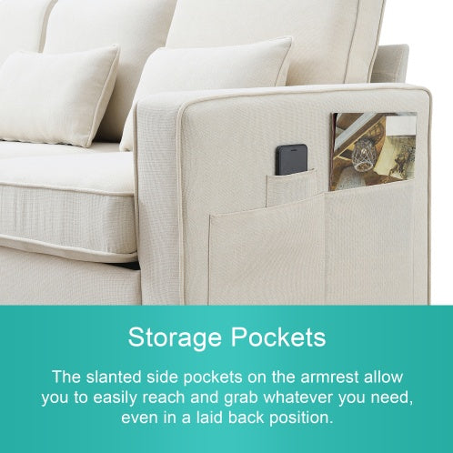 Linen Fabric Sofa With Armrest Pockets And 4 Pillows