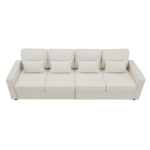 Linen Fabric Sofa With Armrest Pockets And 4 Pillows