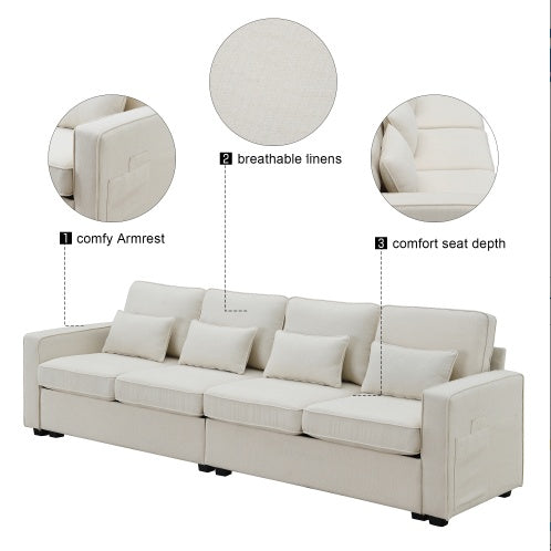 Linen Fabric Sofa With Armrest Pockets And 4 Pillows