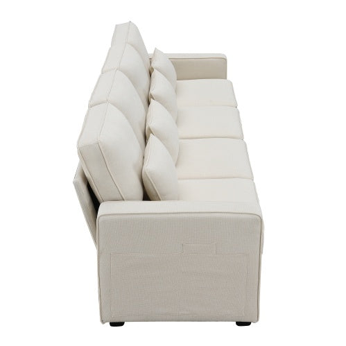 Linen Fabric Sofa With Armrest Pockets And 4 Pillows