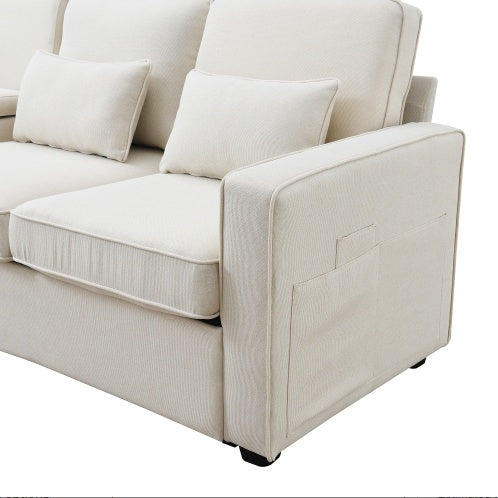 Linen Fabric Sofa With Armrest Pockets And 4 Pillows