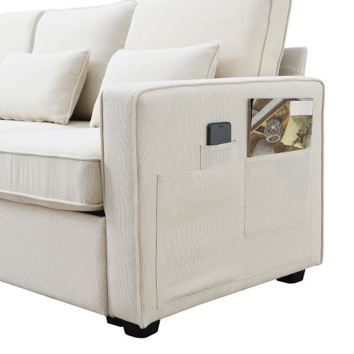 Linen Fabric Sofa With Armrest Pockets And 4 Pillows