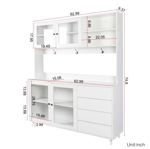 Kitchen Freestanding Pantry Cabinets Cupboard With 4 Doors, 4 Drawers & Microwave Shelf, White
