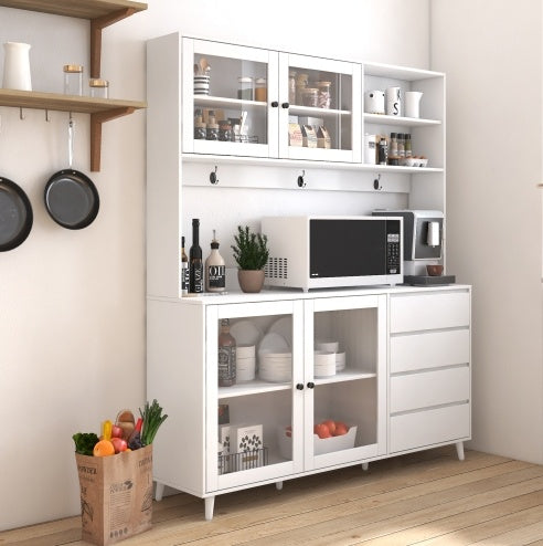 Kitchen Freestanding Pantry Cabinets Cupboard With 4 Doors, 4 Drawers & Microwave Shelf, White