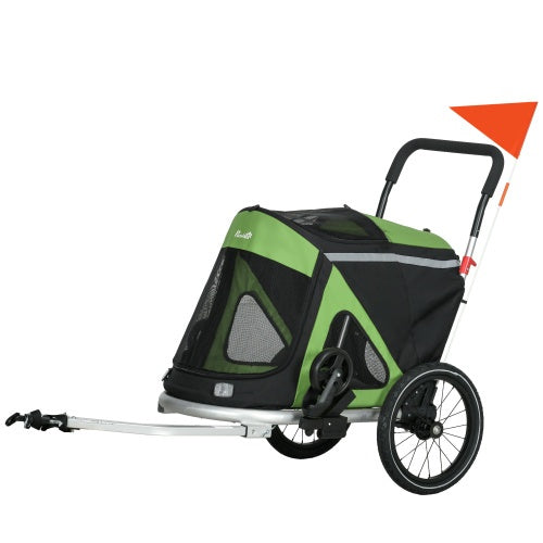 Aosom 2 In 1 Bike Trailer, Green Foldable Dog Bike Stroller With Aluminum Frame, Quick Release Wheels, Anti-Slip Mat, Hitch Coupler, Reflectors, Flag For Medium Dogs