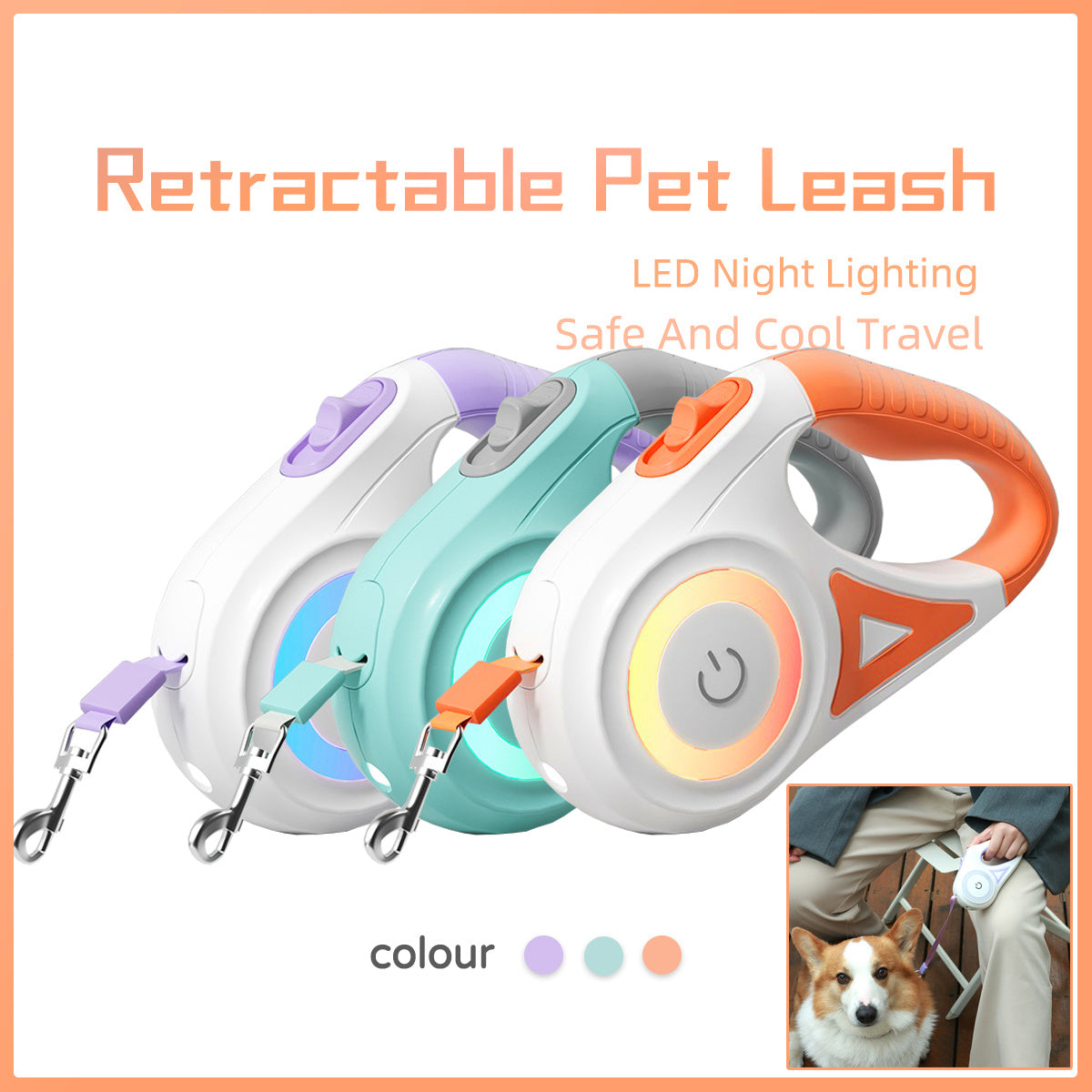 Retractable Leash And Dog Collar Spotlight Automatic Traction Rope For Small Medium Dogs