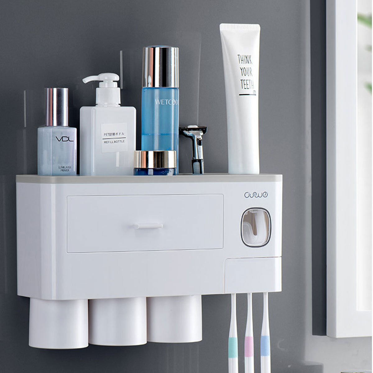 Hanging Magnetic Toothbrush Holder Single Drawer Storage Rack With Toothpaste Squeezer Toiletry Set
