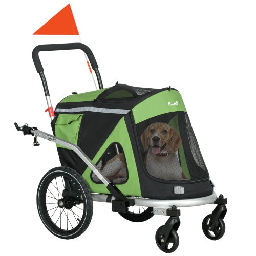 Aosom 2 In 1 Bike Trailer, Green Foldable Dog Bike Stroller With Aluminum Frame, Quick Release Wheels, Anti-Slip Mat, Hitch Coupler, Reflectors, Flag For Medium Dogs
