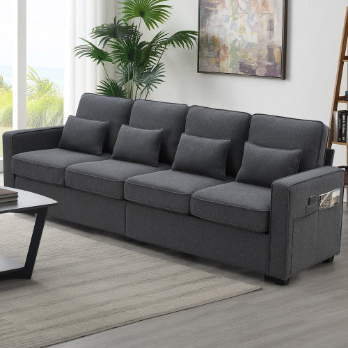 Linen Fabric Sofa With Armrest Pockets And 4 Pillows