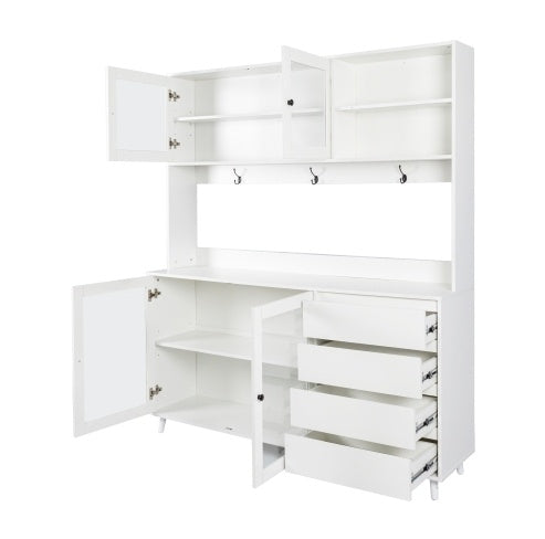 Kitchen Freestanding Pantry Cabinets Cupboard With 4 Doors, 4 Drawers & Microwave Shelf, White