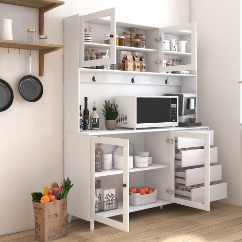 Kitchen Freestanding Pantry Cabinets Cupboard With 4 Doors, 4 Drawers & Microwave Shelf, White
