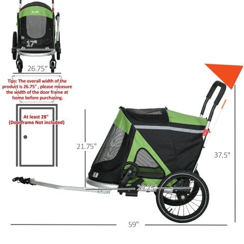 Aosom 2 In 1 Bike Trailer, Green Foldable Dog Bike Stroller With Aluminum Frame, Quick Release Wheels, Anti-Slip Mat, Hitch Coupler, Reflectors, Flag For Medium Dogs