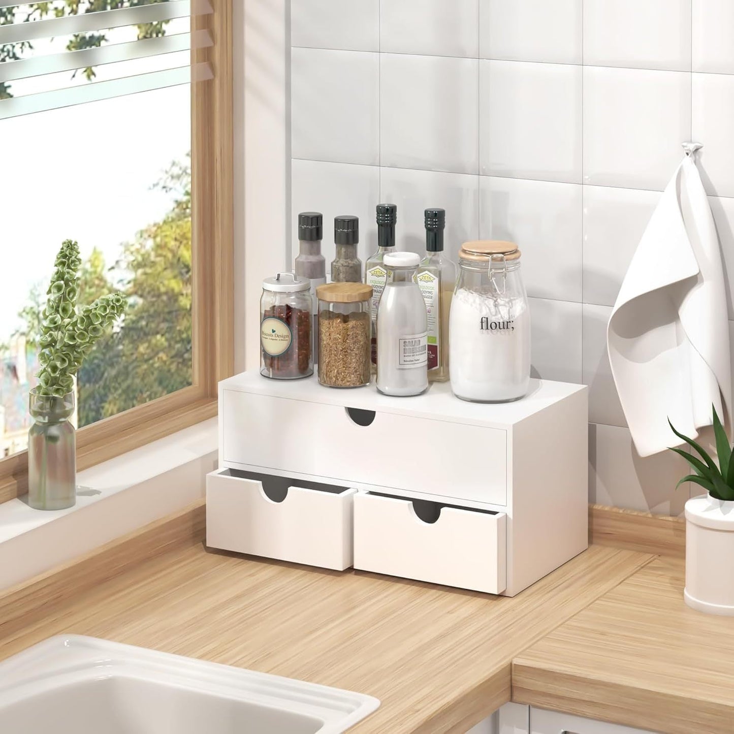 White Bamboo Desk Drawer Organizer No Assembly Desktop Storage Box