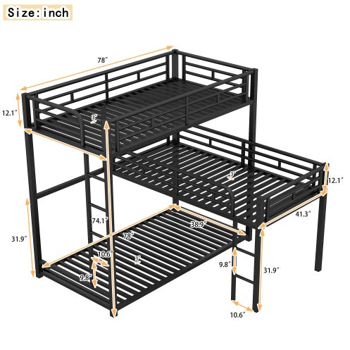Triplex L-shaped Metal Twin Size Bunk Bed