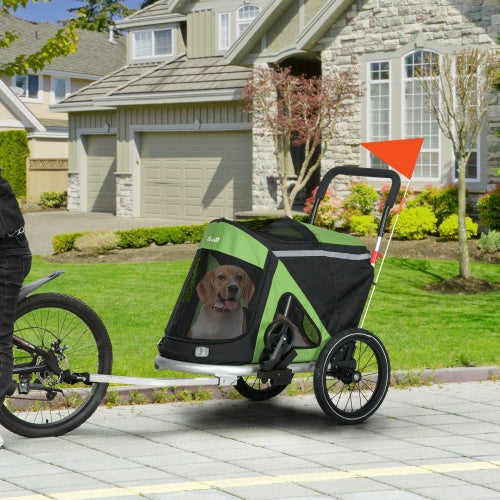 Aosom 2 In 1 Bike Trailer, Green Foldable Dog Bike Stroller With Aluminum Frame, Quick Release Wheels, Anti-Slip Mat, Hitch Coupler, Reflectors, Flag For Medium Dogs