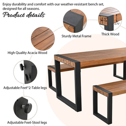 3-pieces Outdoor Dining Table With 2 Benches