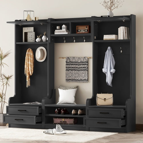 4-in-1 Hallway Coat Rack With Storage Drawers And Cabinet Shoe Bench