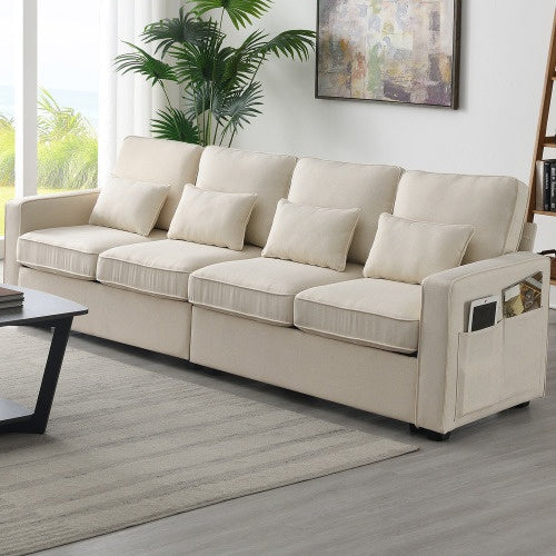 Linen Fabric Sofa With Armrest Pockets And 4 Pillows