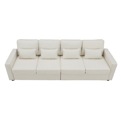 Linen Fabric Sofa With Armrest Pockets And 4 Pillows