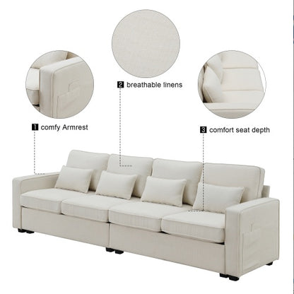 Linen Fabric Sofa With Armrest Pockets And 4 Pillows