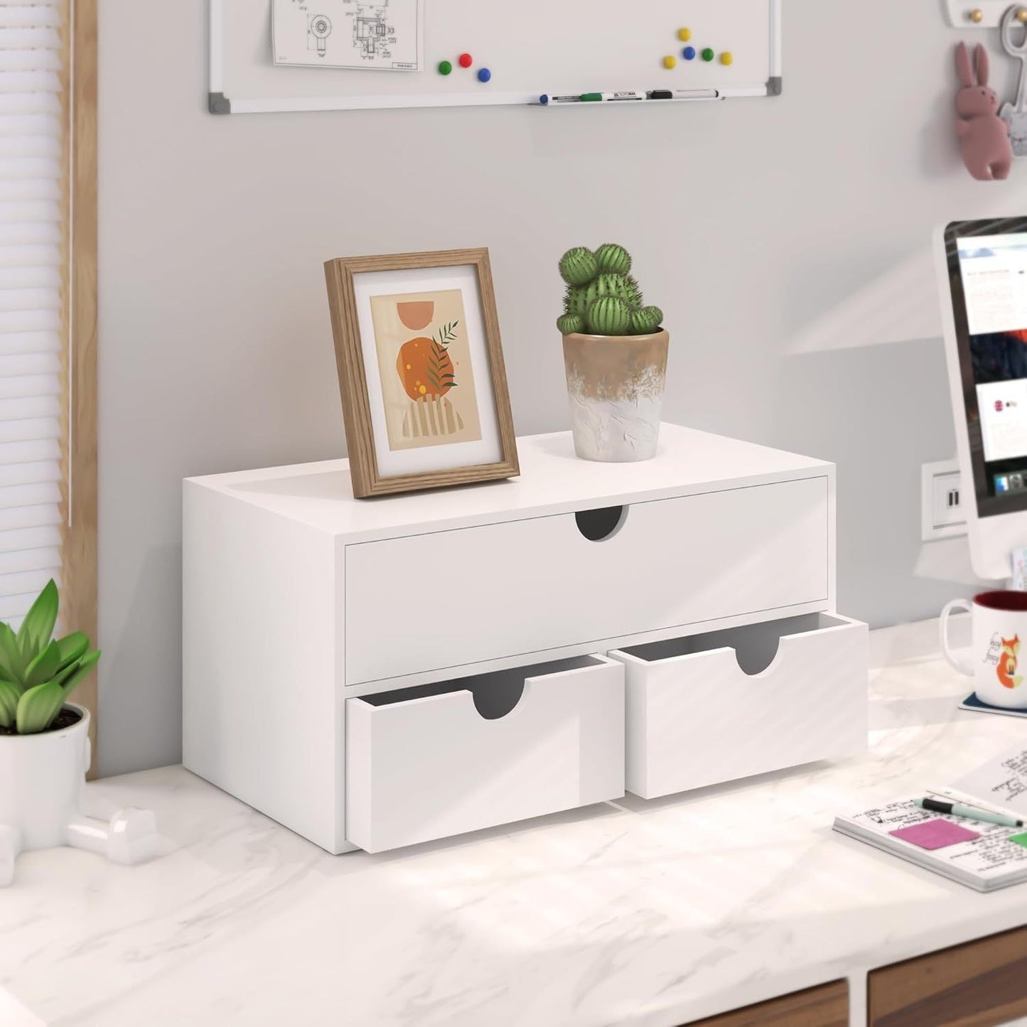 White Bamboo Desk Drawer Organizer No Assembly Desktop Storage Box