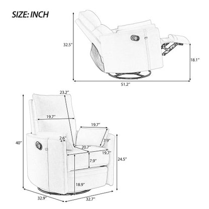 Upholstered Swivel Recliner Rocker With Two Removable Pillows
