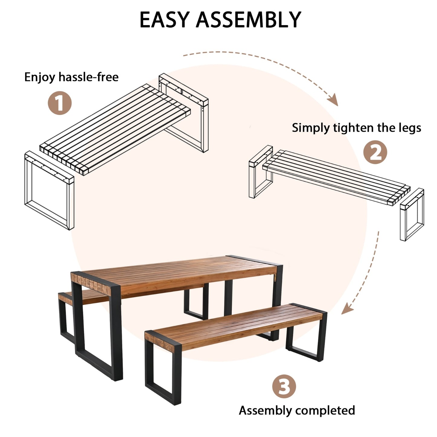 3-pieces Outdoor Dining Table With 2 Benches