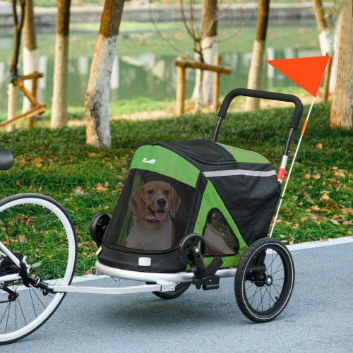 Aosom 2 In 1 Bike Trailer, Green Foldable Dog Bike Stroller With Aluminum Frame, Quick Release Wheels, Anti-Slip Mat, Hitch Coupler, Reflectors, Flag For Medium Dogs