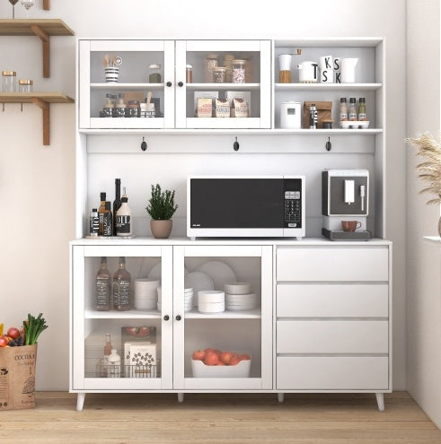Kitchen Freestanding Pantry Cabinets Cupboard With 4 Doors, 4 Drawers & Microwave Shelf, White